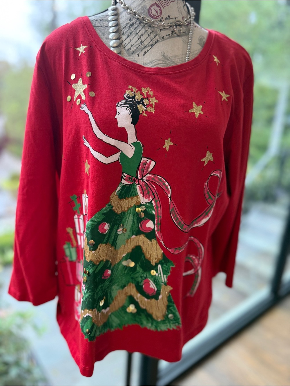 Christmas Ruby Rd. Red Long-Sleeve Holiday Graphic Top with Green Tree Dress